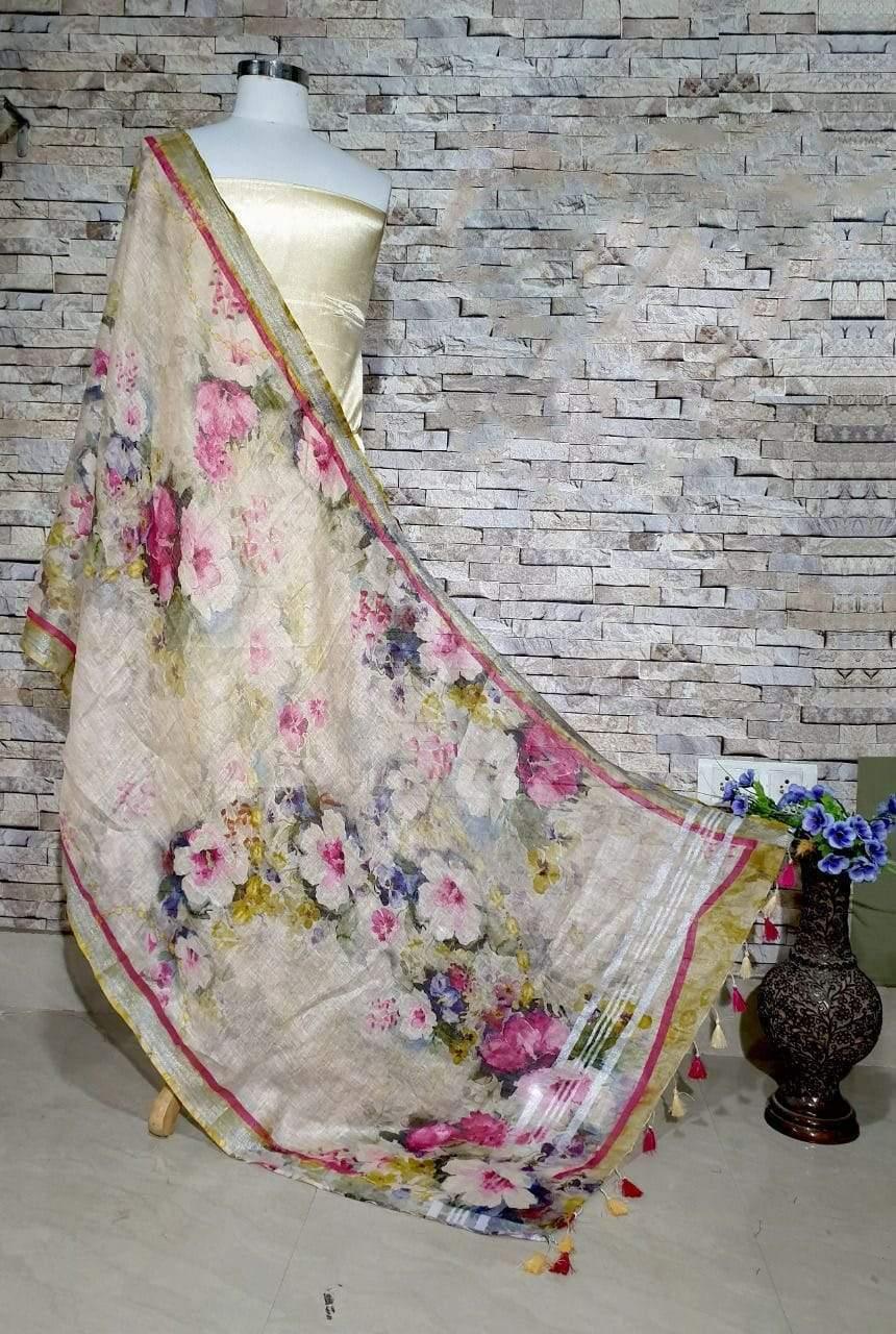 Beautiful Light Mustard Yellow Base Floral Print Digital Linen Dupatta - Ibis Fab