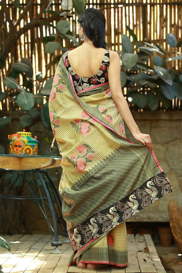 Beautiful mint  Linen Designer Printed Saree