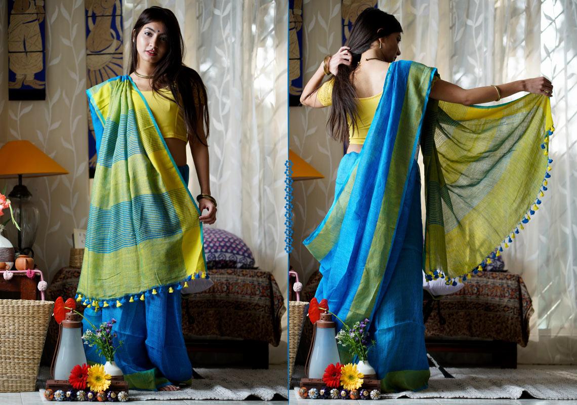 Beautiful Neon Light Blue Premium Linen Saree - Ibis Fab