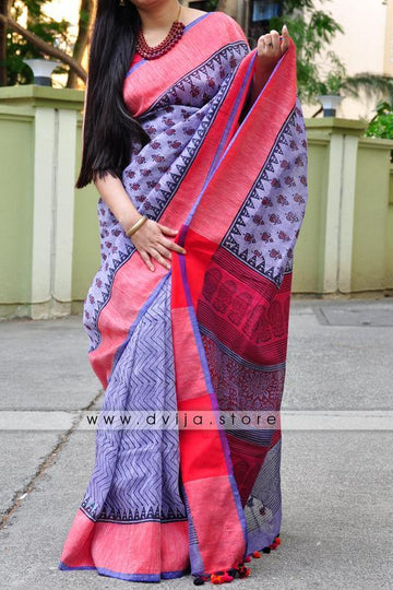Beautiful  Purple And Pink Colored  Festive Wear Printed  Pure Linen Saree