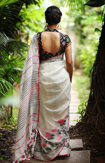 Beautiful White Flora Linen Designer Saree