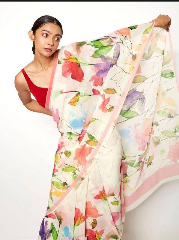 Beautiful White Linen Designer Printed Saree - Ibis Fab