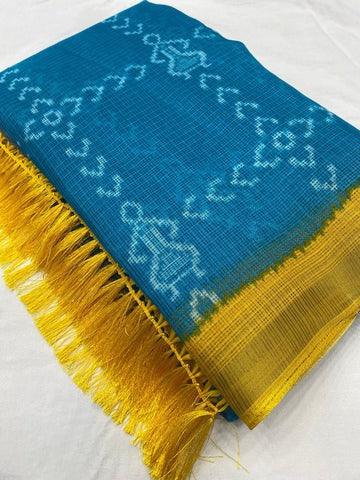 Beautifully Crafted printed Blue Saree By Linen cloth.