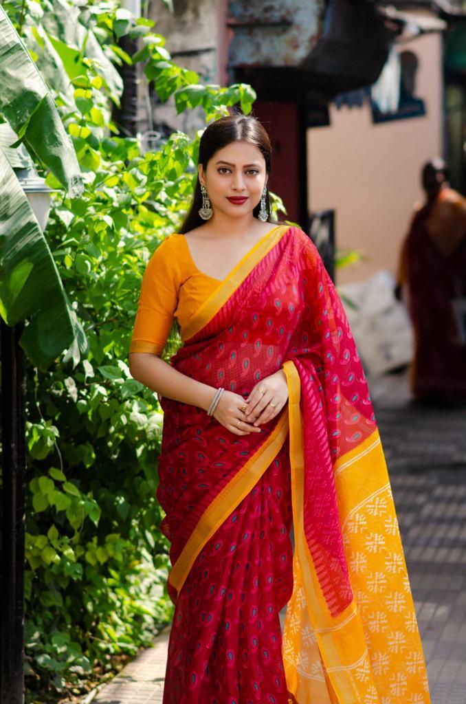 Beautifully Crafted Printed Pink Linen Saree - Ibis Fab