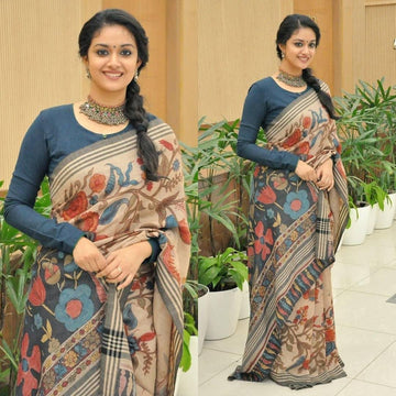 Beige colored Flowered Linen Designer Printed Saree