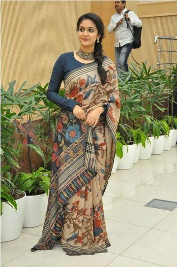 Beige colored Flowered Linen Designer Printed Saree