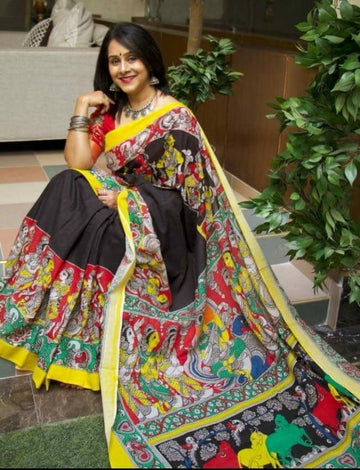 Black and Multi colored Kalamkari Designer Printed Saree