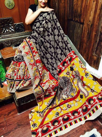 Black and Yellow colored Kalamkari Linen Printed Saree