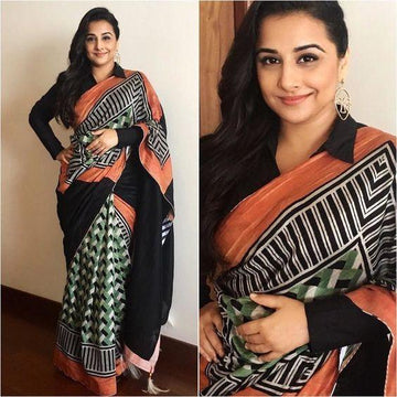 Black colored Partywear Linen Designer Printed Saree