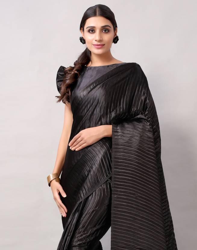 Black Plain Half Pleated Japan Silk Satin Saree - Ibis Fab