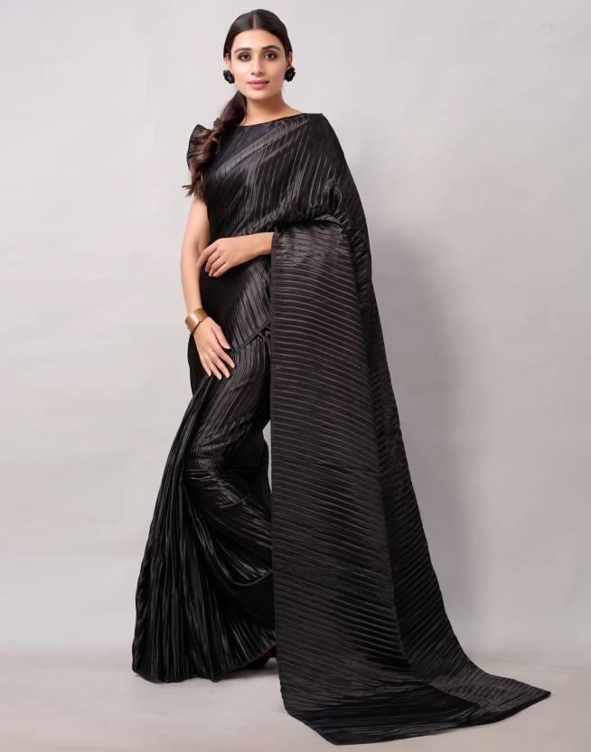 Black Plain Half Pleated Japan Silk Satin Saree