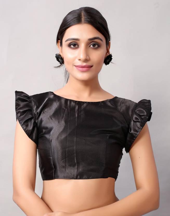 Black Plain Half Pleated Japan Silk Satin Saree
