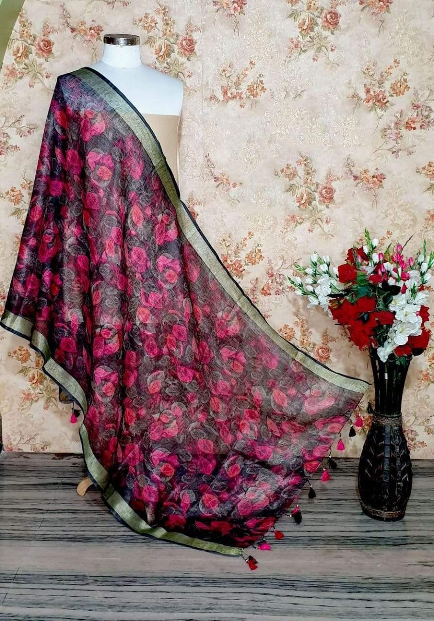 Black With Dark Pink Floral Design Dupatta - Ibis Fab