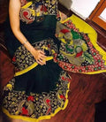 Black Yellow colored Kalamkari Linen Designer Printed Saree