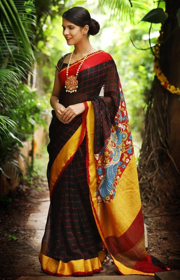 Blooming Black colored Partywear Linen Designer Printed Saree