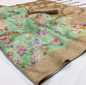 Blooming mint Colored With Gold Border  Partywear Printed Pure Linen saree