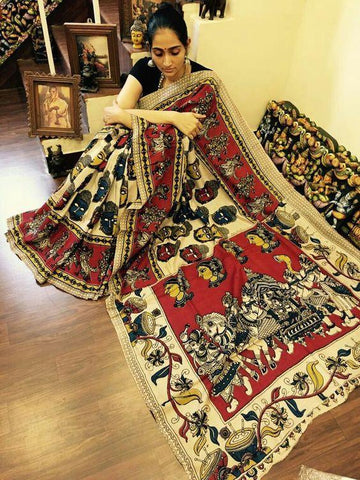 Blooming Red and Beige colored Kalamkari Linen Designer Saree