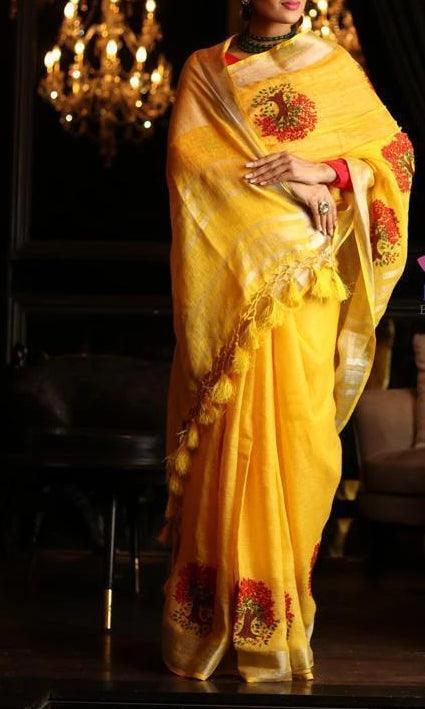 Blooming Yellow Colored Festive Wear Linen Saree - Ibis Fab