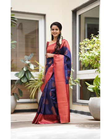 Blue & Red Broder Designer Soft Lichi Silk Saree