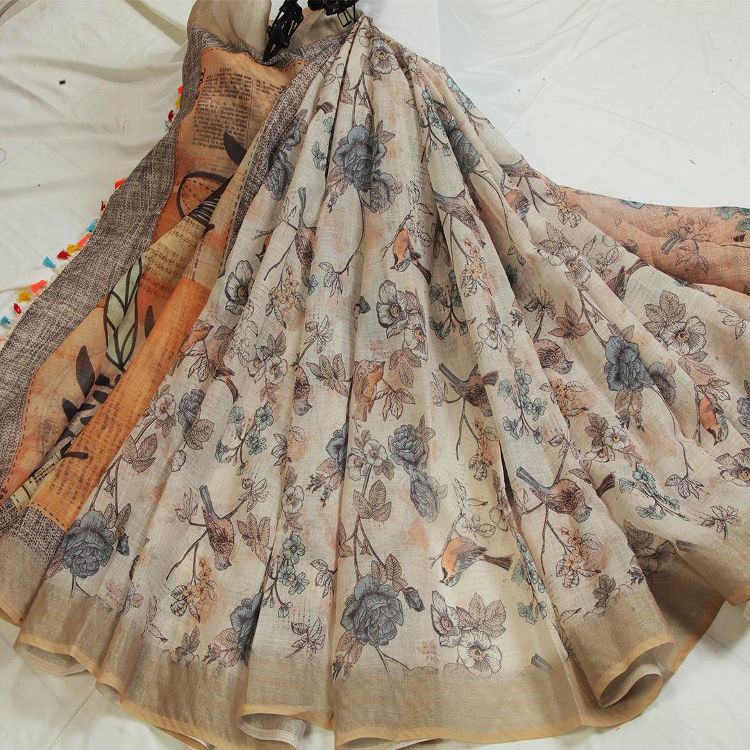 Breathtaking Beige Colored Casual Wear Pure Linen Saree - Ibis Fab