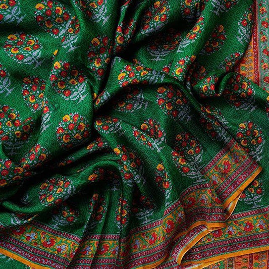 Breathtaking Green And Yellow Colored Party Wear Pure Linen Printed Saree - Ibis Fab