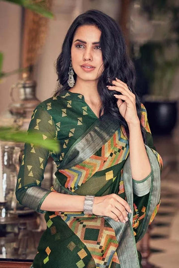 Breathtaking Green Colored Festive Wear Pure Linen Designer Saree