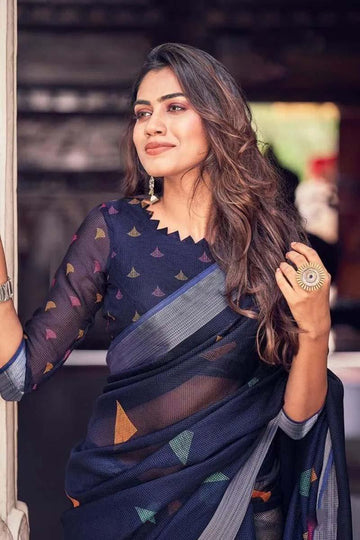 Breathtaking  Navy Blue Colored Festive Wear Pure Linen Designer Saree