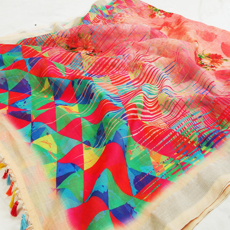 Breathtaking Red Colored Casual Wear Printed Pure Linen Saree - Ibis Fab