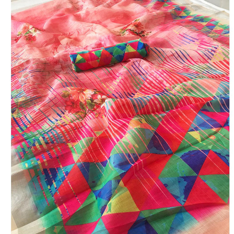 Breathtaking Red Colored Casual Wear Printed Pure Linen Saree - Ibis Fab