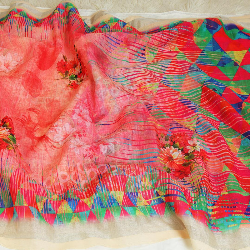 Breathtaking Red Colored Casual Wear Printed Pure Linen Saree - Ibis Fab