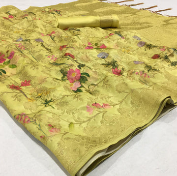 Breathtaking  Yellow Colored Partywear Printed Pure Linen saree