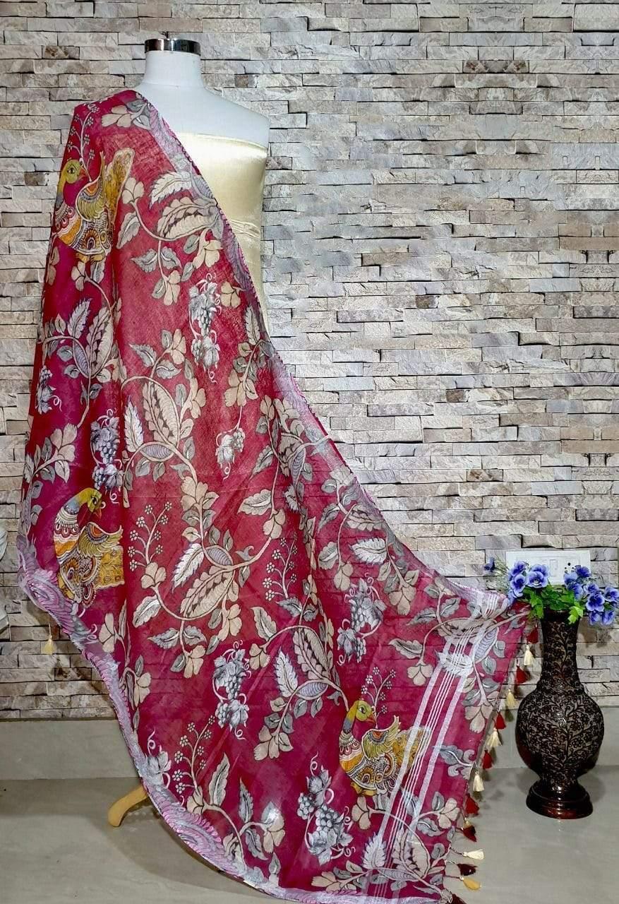 Burgundy Base with Stunning Designer Digital Print Linen Dupatta - Ibis Fab