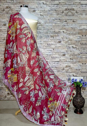 Burgundy Base with Stunning Designer Digital Print Linen Dupatta