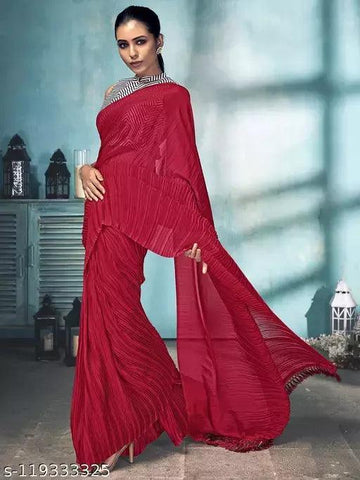 Cerise Pink Plain Half Pleated Japan Satin Saree