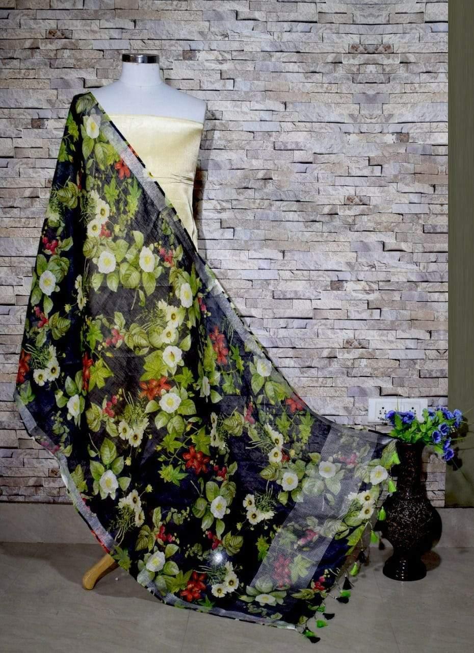 Charming Black Floral Digital Print Linen Dupatta - Ibis Fab