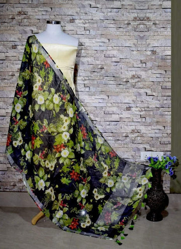 Charming Black Floral Digital Print Linen Dupatta