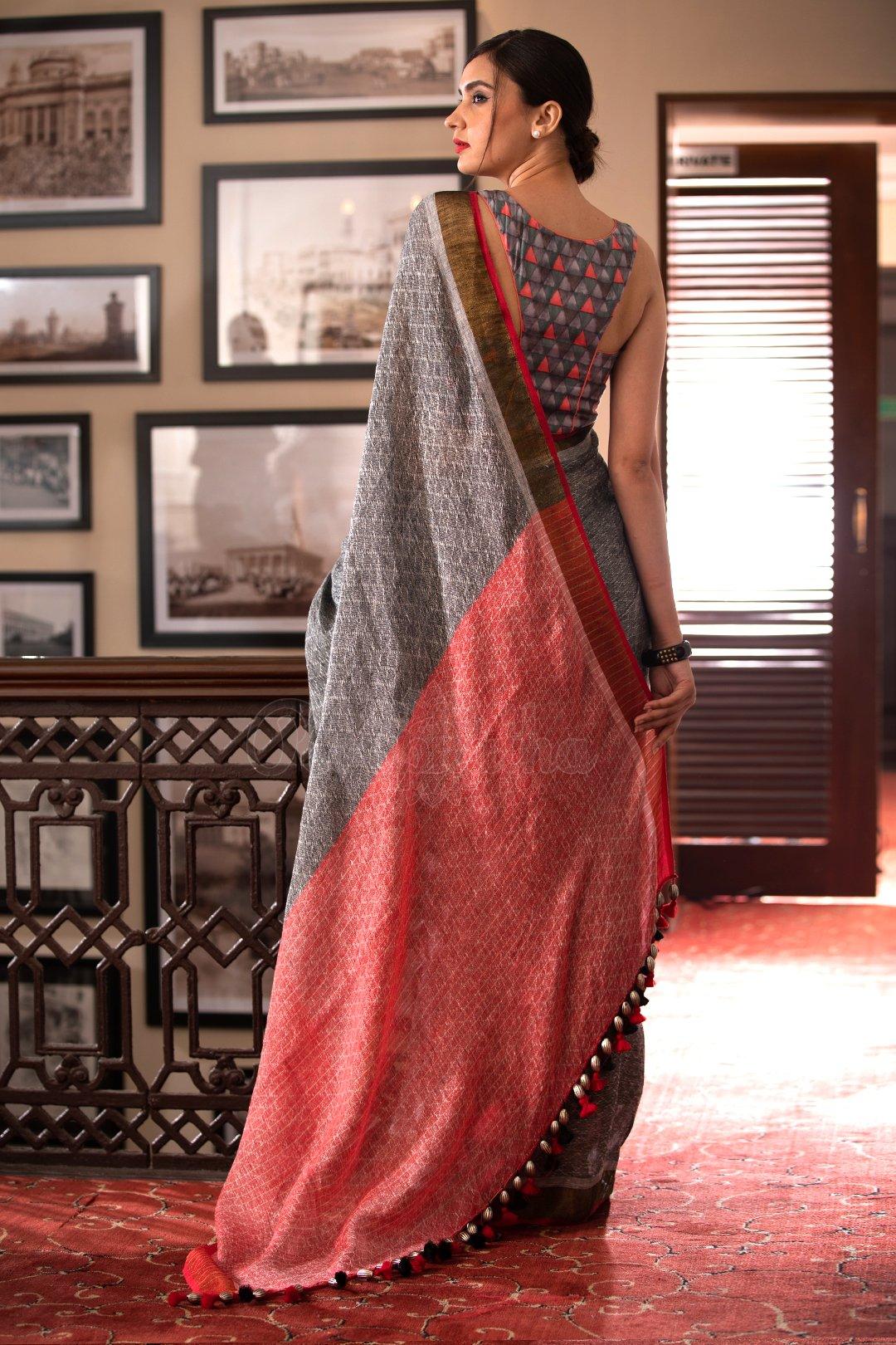 Classic Dark Grey Colored Casual Wear Printed Linen Saree - Ibis Fab