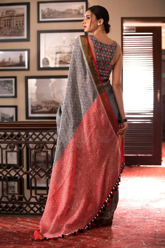 Classic Dark Grey Colored Casual Wear Printed Linen Saree - Ibis Fab