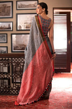 Classic Dark Grey Colored Casual Wear Printed Linen Saree - Ibis Fab