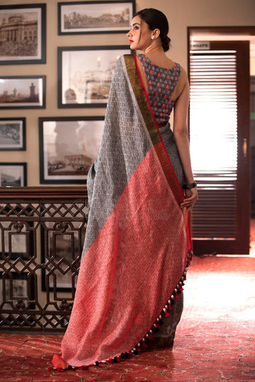 Classic Dark Grey Colored Casual Wear Printed Linen Saree