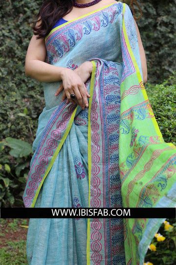 Classy Light Blue Colored Casual Printed Pure Linen Saree