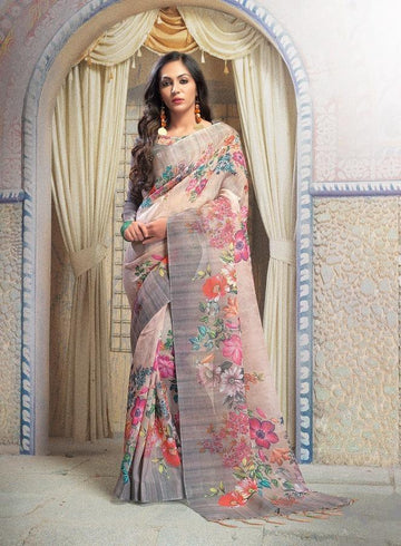 Cream Flowers Printed Linen Silk Saree