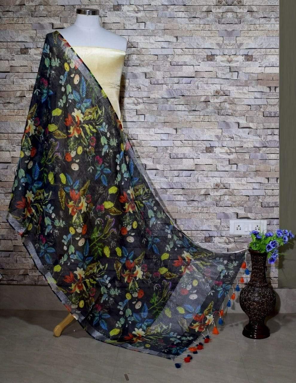 Dazzling Designer Black Floral Print Digital Linen Dupatta - Ibis Fab