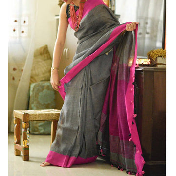 Dazzling Grey Colored Festive Wear Pure Linen Designer Saree