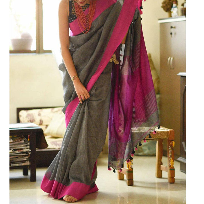 Dazzling Grey Colored Festive Wear Pure Linen Designer Saree