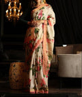 Delightful Beige colored Designer Printed Pure Linen Designer Saree