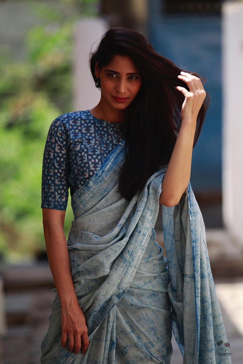 Delightful light blue colored Flora Linen Designer Printed Saree - Ibis Fab