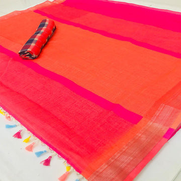 Delightful Orange Colored Festive Wear Pure Linen Designer Saree