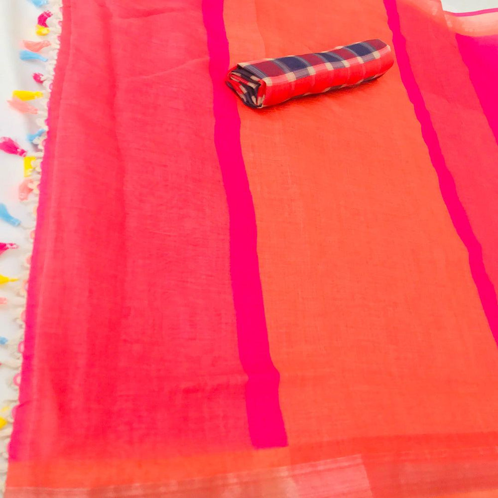 Delightful Orange Colored Festive Wear Pure Linen Designer Saree - Ibis Fab