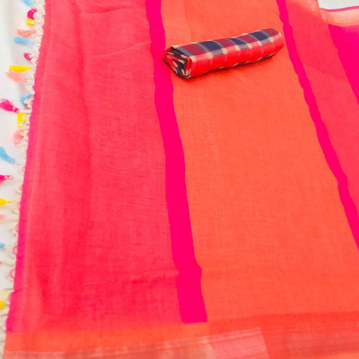 Delightful Orange Colored Festive Wear Pure Linen Designer Saree